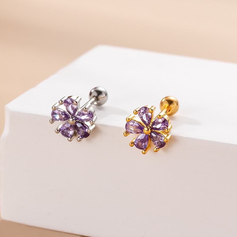 1 Piece Simple Series Simple Flower Titanium Steel  18K Gold Plated Material Zircon Women's Stud Earrings h5 